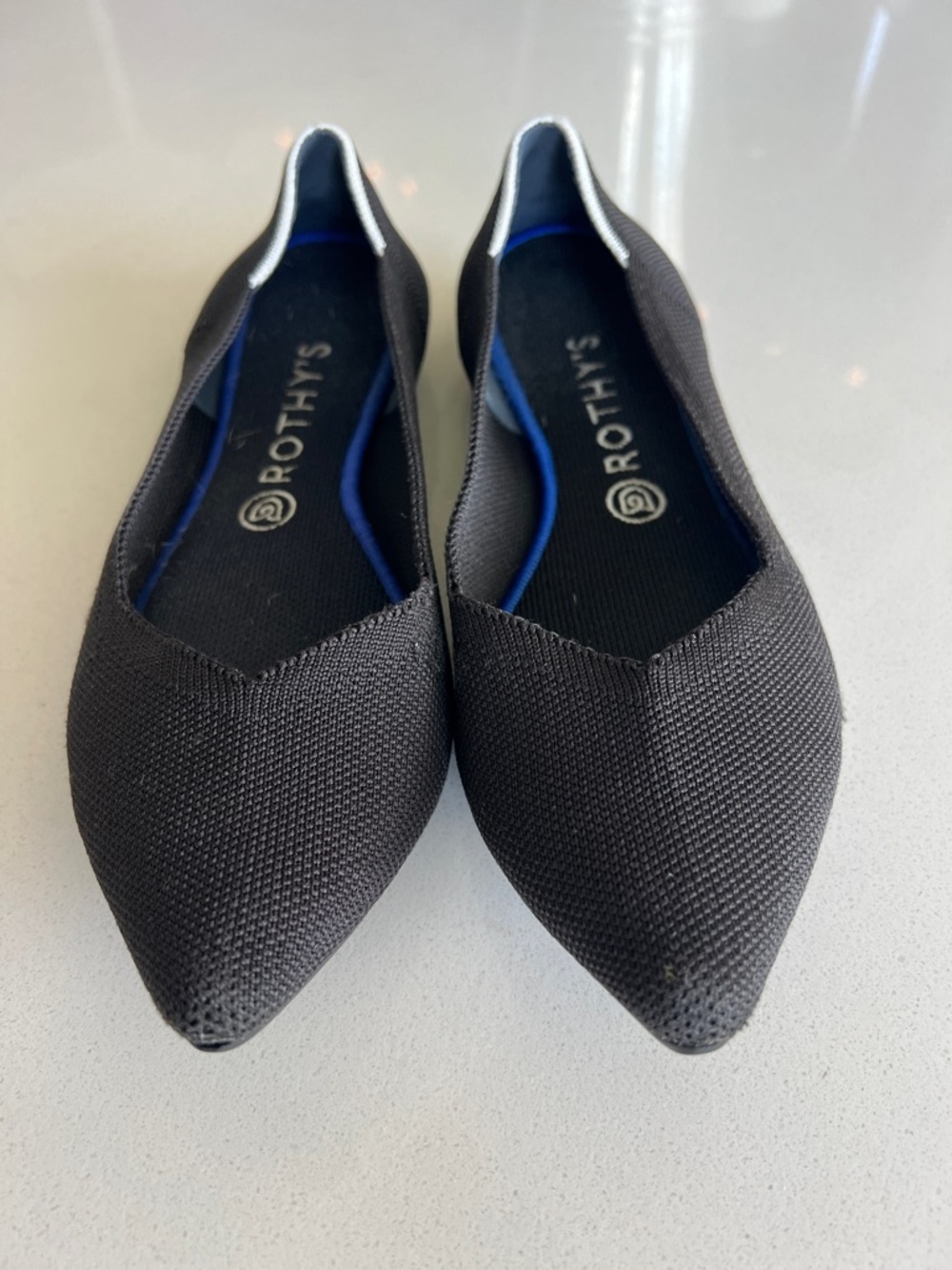 Rothy's Black Pointed Knit Flats with Blue Insole Trim - Picture 3 of 11